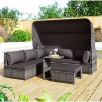 Gartenlounge-set Polyrattan Grau Mit Sonnendach, 2 Sesseln, Hocker Und Tisch, Modular Und Wetterfest