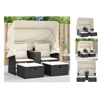 vidaXL Gartensofa 2-Sitzer mit Dach und Hockern Schwarz Poly Rattan