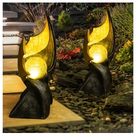 GLOBO LED Solar Flamme Solarlampen für Außen Garten Dekoration Solarleuchte mit Flammeneffekt, gold braune Skulptur mit bezauberndem Lichteffekt, 1x LED warmweiß, H 36 cm, 2er Set