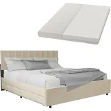 Juskys Samt Polsterbett Soria 180x200 cm mit Matratze, Lattenrost & Schubladen - Bett Beige