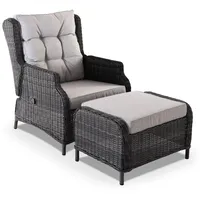 Raburg Garten-Relaxsessel mit Hocker, Gartenstuhl-Set mit Hocker, pflegeleichtes & wetterfestes Polyrattan, Bequeme Kissen, 130 kg Belastbarkeit, Anthrazit/Braun, inkl. Polster Hellgrau, Sophia