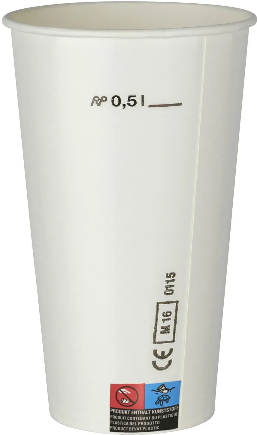 Kaltgetränkebecher Pappbecher weiß mit CE Eichstrich 500 ml 50 Stk.