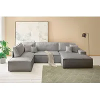OTTO home Wohnlandschaft FINNLEY U-Form XXL 329 cm - OTTO. Verlässliche Qualität., Schlafsofa, Bettkasten, in Bouclé, Struktur fein und Mega Cord grau