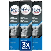 Veet Men Haarentfernungscreme für den Rücken, Arme und Beine, für empfindliche Haut, 3 x 200 ml