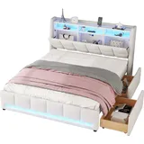 SOFTWEARY Stauraumbett mit LED-Beleuchtung, USB-Anschlüssen und Schubladen, 140x200 cm, Doppelbett, Leinen Beige