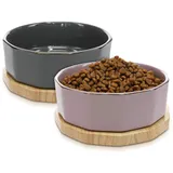 Navaris Fressnapf Futternapf Set aus Keramik - 2X Hundenapf Katzennapf Futterschale mit Unterlage aus Eichenholz - Fressnäpfe für Hunde und Katzen