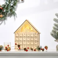 Adventskalender Aus Holz Mit 24 Schubladen, Weihnachtsdekoration Mit Geschnitzter Krippenszene Und Beleuchtung, 26,6 X 6 X 30 Cm