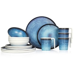 Moritz Geschirr-Set Camping Geschirr Deep Ocean, Melamin, 16 tlg, Geschirrset Campinggeschirr Picknick Geschirr Bootsgeschirr blau|weiß