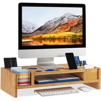Relaxdays Monitorständer, Bildschirmständer aus Bambus, 14 Fächer, ergonomischer Monitorerhöher,