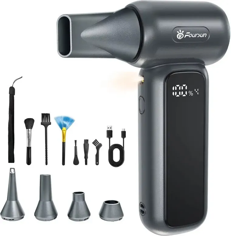Foursun TF100 Turbo-Ventilator Elektrischer Luftstößer Luftbläser 4-stufiger bürstenloser Motor für Auto/PC/Heim/Haustiere/Outdoor-Reinigung