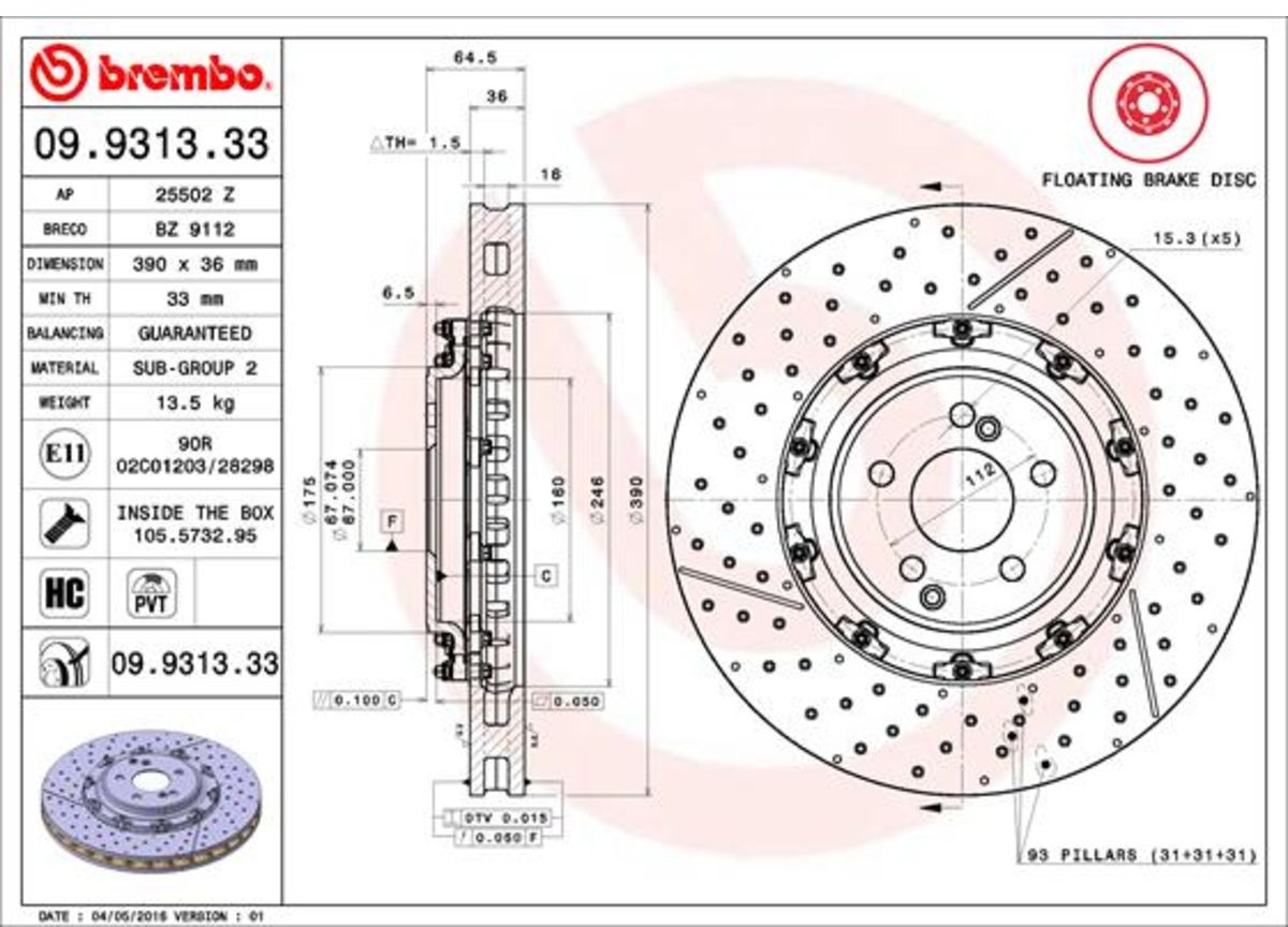 Bremsscheibe BREMBO 9931333 vorne, belüftet, geschlitzt, hochkarbonisiert, 1 Stück