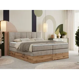 MKS Meble Boxspringbett, Doppelbett mit zwei Multipocket-Matratzen ALBERO 1 KING, Bettkästen und Kopfteil, Holzkiste in Wotan-Eichenfarbe - 180x20... - Beige
