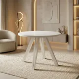 Runder Esstisch Ausziehbar 100–140 cm mit Weißen Holzbeinen aus Buchenholz – Moderner Ausziehtisch für Esszimmer, Küche und Wohnzimmer – T... - Weiß