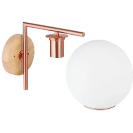 Relaxdays Wandleuchte, E27-Fassung, Glas, Metall und Holz, Wandlampe, Kugel, H x B x T: 22 x 19,5 x 28 cm, kupferfarben