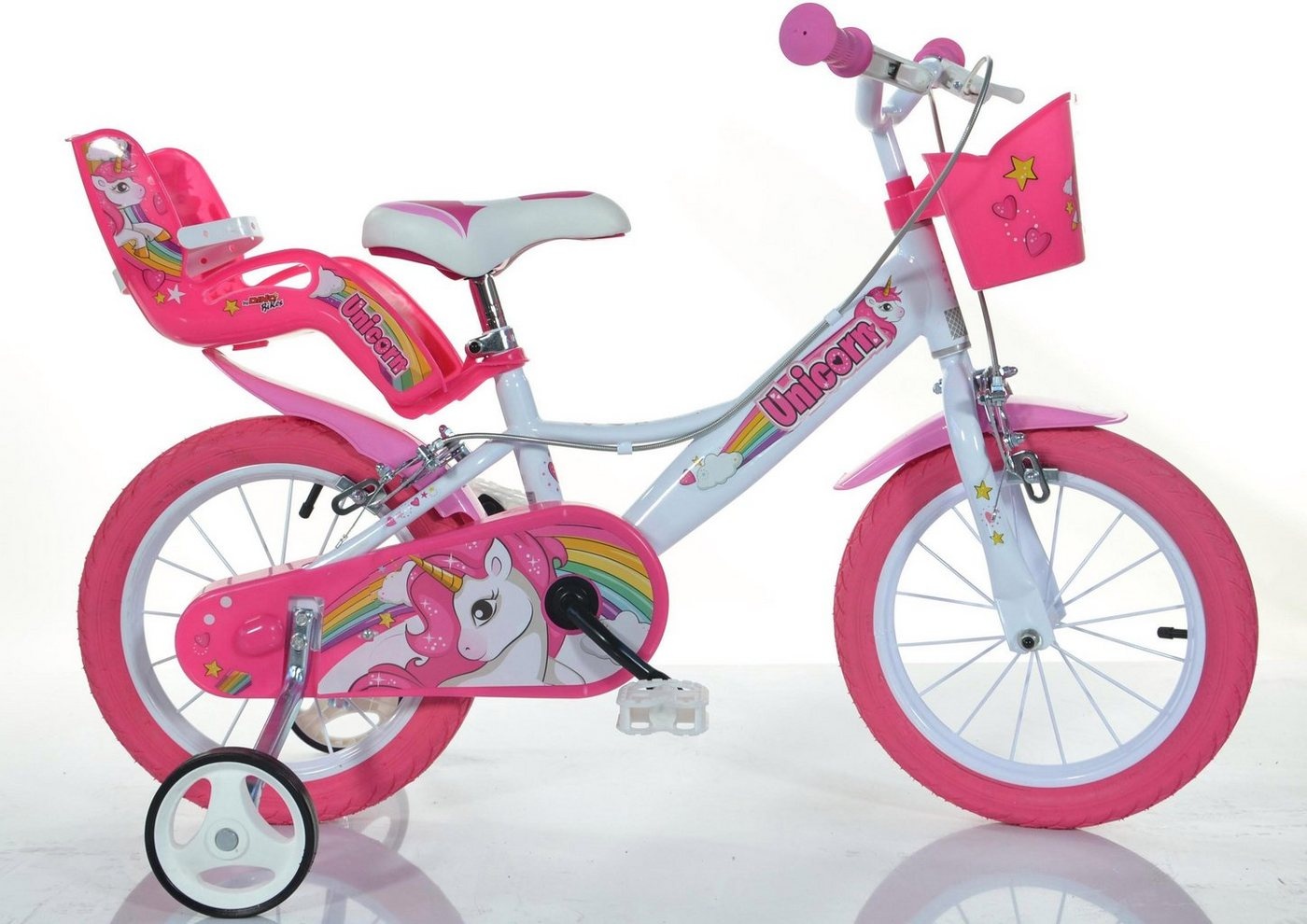 Dino Kinderfahrrad Unicorn Einhorn, 1 Gang, mit Stützrädern, Korb und Puppensitz weiß 28 cm