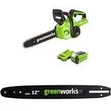 Greenworks Akku Kettensäge mit Akku und Ladegerät, 12 Zoll (30 cm) Blattlänge, 40V 2Ah Akku + Greenworks 30cm Original Führungsschiene für Kettensäge