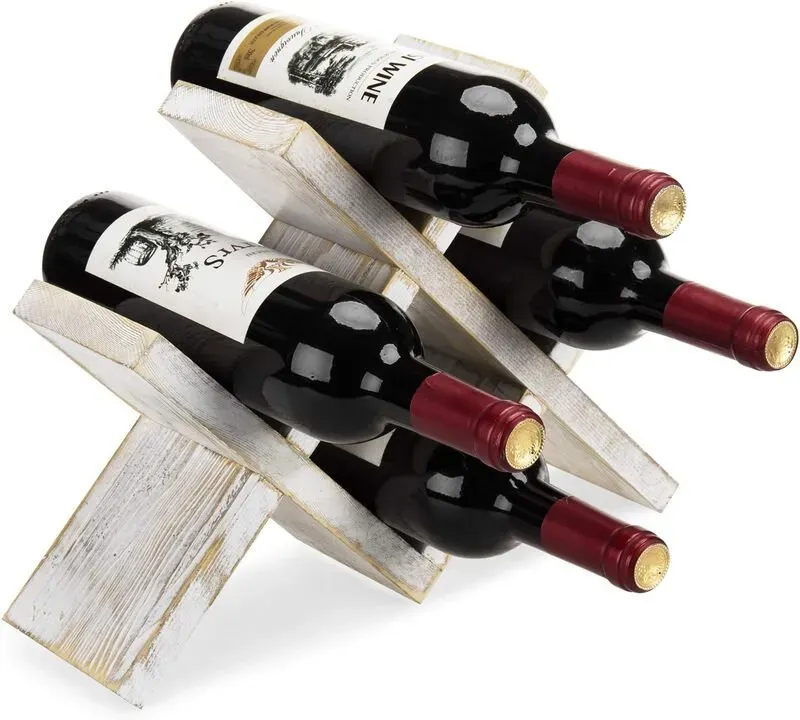 MyGift 4-Flaschen Weißgewaschenes Rustikales Holz Weinregal - Bauernhaus X-Design Arbeitsplatte Lagerung, Kompakt für Küche, Bar, Kaffeestation (Für 750ml Flaschen, Leicht zu Reinigen)