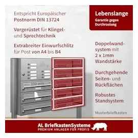 AL Briefkastensysteme 24 Fächer Premium Edelstahl Stand Briefkasten Anlage mit Klingeln, Post A4, modern, robust, wetterfest, Artikelnummer 132T24S3KS