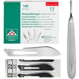 Set - 100 Stück sterile Skalpellklingen Figur 22 aus Karbonstahl - Ersatzklingen + 1 x Shehadeh - Skalpell-Halter mit 13,5 cm langem und bauchigen Griff - Edelstahl