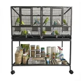 Vogelkäfig groß, Doppelkäfig Vögel mit 4 Rollen, Trennwand & Futternapf, Vogelvoliere aus Metall mit 4 Holzstangen & herausziehbarer Reinigungswanne, Zuchtkäfig geteilter Vogelhaus 94x45x106cm