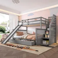Merax Etagenbett 90x200/140x200cm mit Rausfallschutz und Stauraumtreppe, Kinderbett mit Rutsche, Hochbett mit 2 Schubladen, Massivholz Stockbett, Grau - Grau