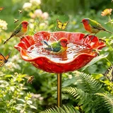 Vogeltränke Garten Blume, 2026 Neu Gartenstecker aus Metall, Gartenstecker Vogeltränke Blumenform Winterfest Insektentränke Bienentränke Gartendeko für Draußen (Rot)