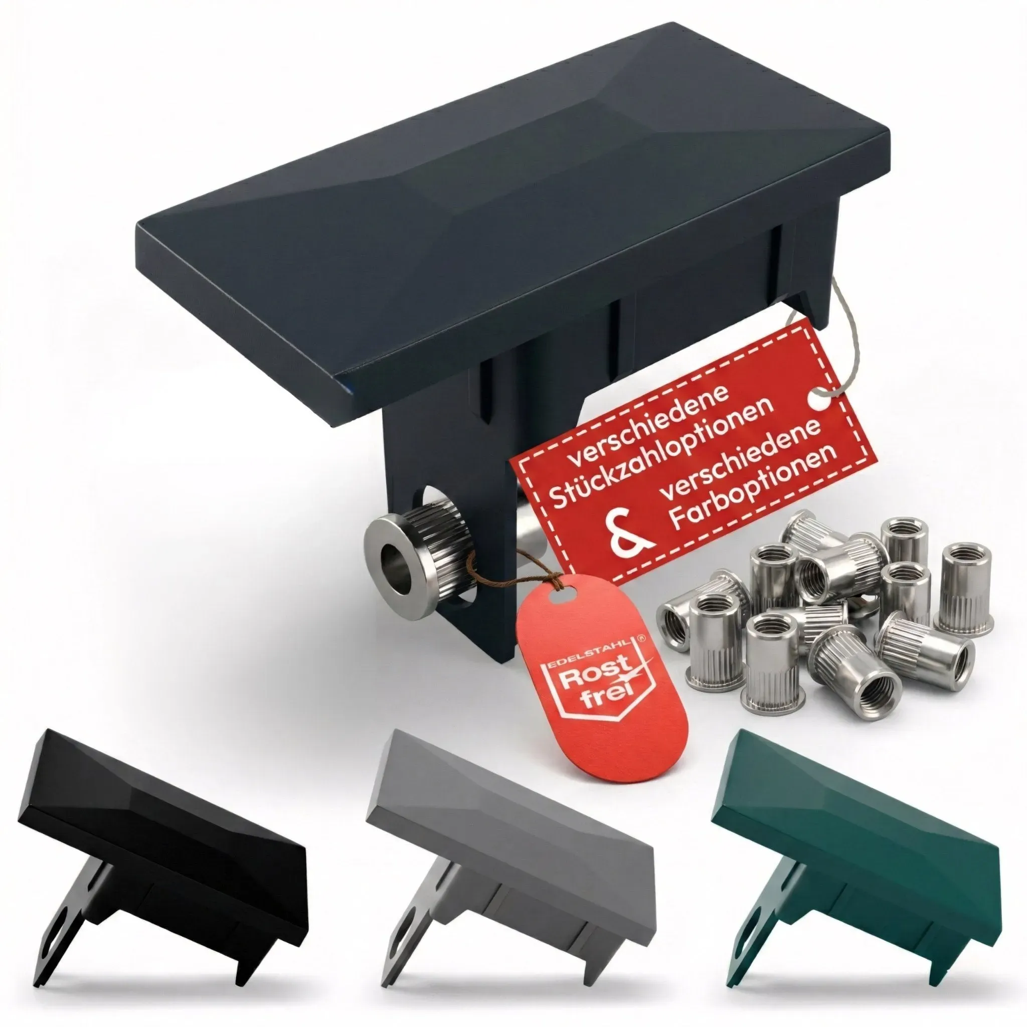 80er Set – Qualinos Pfostenkappen-Set 60×40 mm Sicherungssteg Silber RAL 9006 + Edelstahl-Nietmutter – dauerhaft fixiert, Made in Germany
