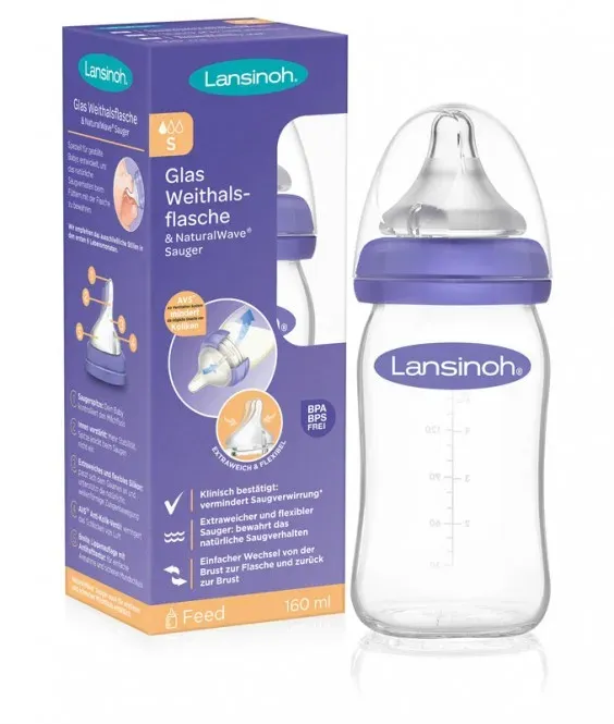 Lansinoh Glas Weithalsflasche mit NaturalWave Sauger Gr. S 160ml