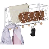 Relaxdays Wandregal mit Hakenleiste, Metall & Holz, Gitter-Design, Wandgarderobe 6 Haken, HxBxT: 17 x 36 x 13 cm, weiß