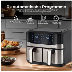 Heinrich ́s Heißluftfritteuse HFR 8214, 2400,00 W, Airfryer, Fritteuse, Doppel-Heißluftfritteuse, 9 Automatikprogramme silberfarben