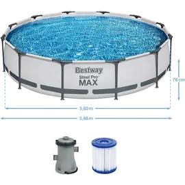 BESTWAY Steel Pro Max Frame Pool Set 366 x 76 cm lichtgrau inkl. Filterpumpe