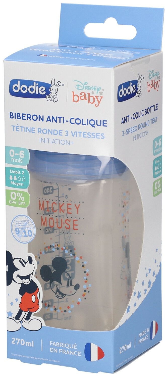 dodie® Biberon Initiation+ 270 ml anti-colique tétine ronde 3 vitesses Disney Mickey Bleu 0-6 mois 1 pc(s) Bouteilles