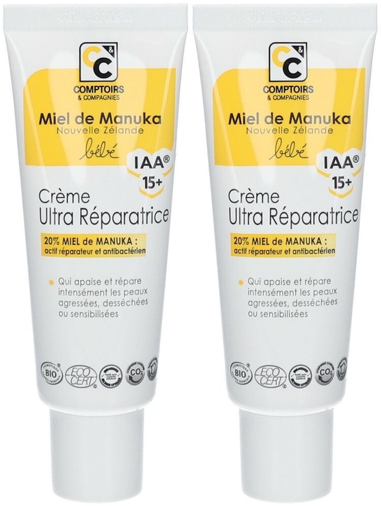 Comptoirs & Compagnies Crème Ultra-Réparatrice Bébé Certifiée Bio 20% Miel de Manuka IAA15+ 2x40 ml crème