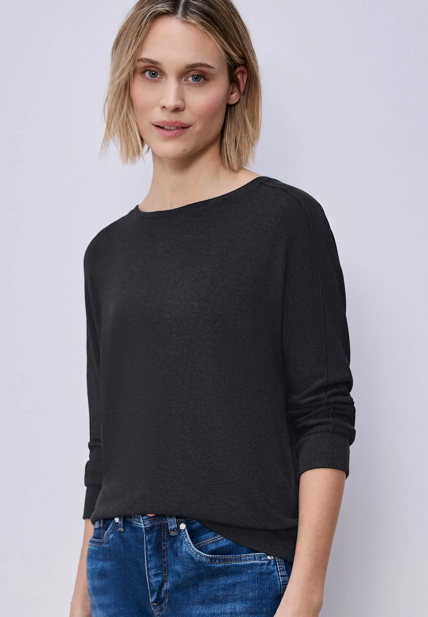 3/4-Arm-Shirt STREET ONE, Damen, Gr. 42, schwarz (shadowed navy meliert), Stoff, 95% Viskose, 5% Elasthan, unifarben, normal normal, Rundhals, Bündchen, Shirts 3/4-Arm-Shirt, Jersey