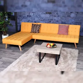 Mendler Ecksofa HWC-K38, Sofa Klappsofa, Liegefläche links/rechts, Stoff/Textil Massivholz MVG zertifiziert 256cm ~ gelb