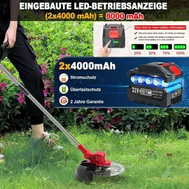 Aorsher Akku Rasentrimmer mit 2× 4000mAh Akkus 21V, 750W Bürstenloser Motor