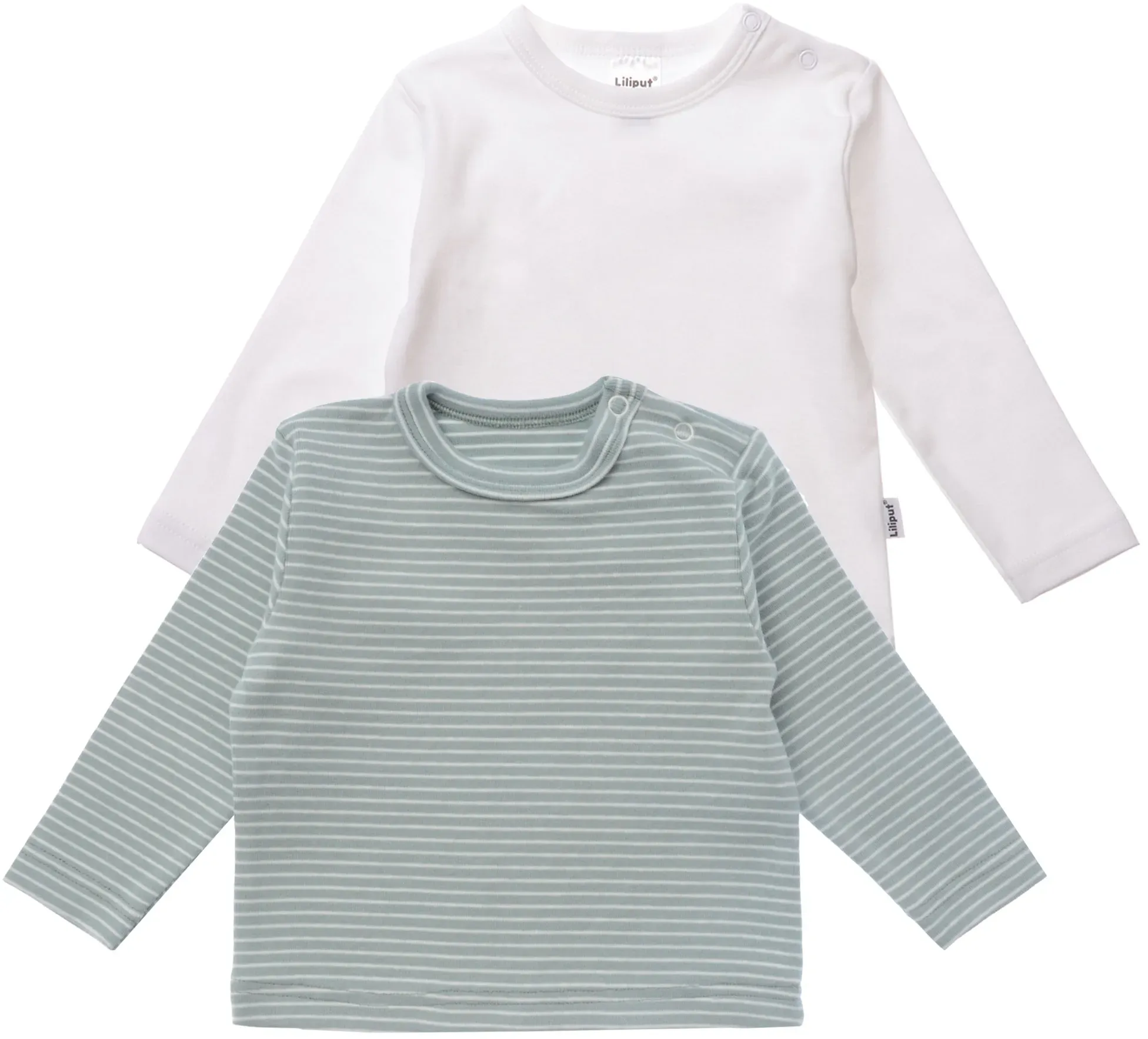 Langarmshirt LILIPUT, Mädchen, Gr. 62/68, grün (weiß, grün), 95% Baumwolle, 5% Polyester, gestreift, normal, Rundhals, Shirts Langarmshirt, mit praktischen Druckknöpfen im 2er-Pack