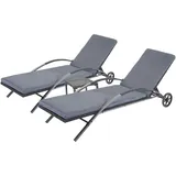 Mendler 2er-Set Sonnenliege HWC-E27, Relaxliege Gartenliege, Poly-Rattan schwarz Kissen dunkelgrau - Schwarz