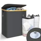 VOUNOT Wäschekorb mit Deckel 145L, Faltbarer Wäschesammler 2 Fächer & Wäschesäcke, Laundry Baskets Wäschebox Schmal, Grau
