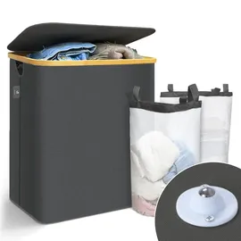 VOUNOT Wäschekorb mit Deckel 145L, Faltbarer Wäschesammler 2 Fächer & Wäschesäcke, Laundry Baskets Wäschebox Schmal, Grau