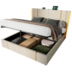 Merax Polsterbett Doppelbett USB Type C Ladefunktion APP-Control LED 160×200 Stauraumbetten Bettgestell, Lattenrost aus Holz, Beige Leinen