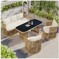 i@home Gartenlounge-Set, (4-tlg., 3 Sitzer Sofa, 2 Sessel, 1Tisch mit Glasplatte), Rattan-Möbel, UV-beständig, Polyrattan Outdoor-Sofas Beige beige