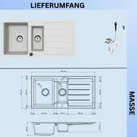 faizee home Granitspüle 2 Becken rechts Einbauspüle weiß Handbetätigung 1000 x 500 mm