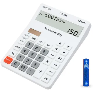 DUPOTA Taschenrechner Tischrechner Große Tasten 2 zeilig Extra Großes Display 12-stelliger Tischrechner Bürore mit Mehrwert Steuer Funktion Weiß Mittlere Größe (OA-635)