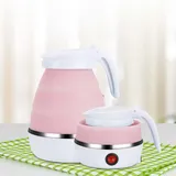 Faltbarer Elektrischer Wasserkocher Reise Faltbarer Wasserkessel Mini Silikon Reisewasserkocher Klein, 0.6L Electric Kettle, Edelstahlboden Wasserkessel Für Küche Reise Camping Outdoor (Rosa)