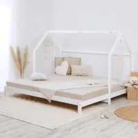 Homestyle4u 2591, Kinderbett 90x200cm/180x200 cm Ausziehbett Hausbett mit Lattenrost Weiß Holz Kiefer Gästebett ausziehbar - Weiß