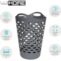 WellHome - Grauer Wäschekorb 60L