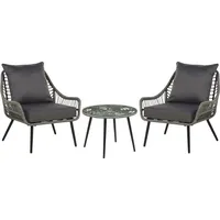 Beliani Balkonset Grau Rattan und Stahl 3-Teilig Boho Rustikal 2 Stühle 1 Couchtisch Rund mit Glasplatte 2 Auflagen Gartenmöbel Terasse Balkon