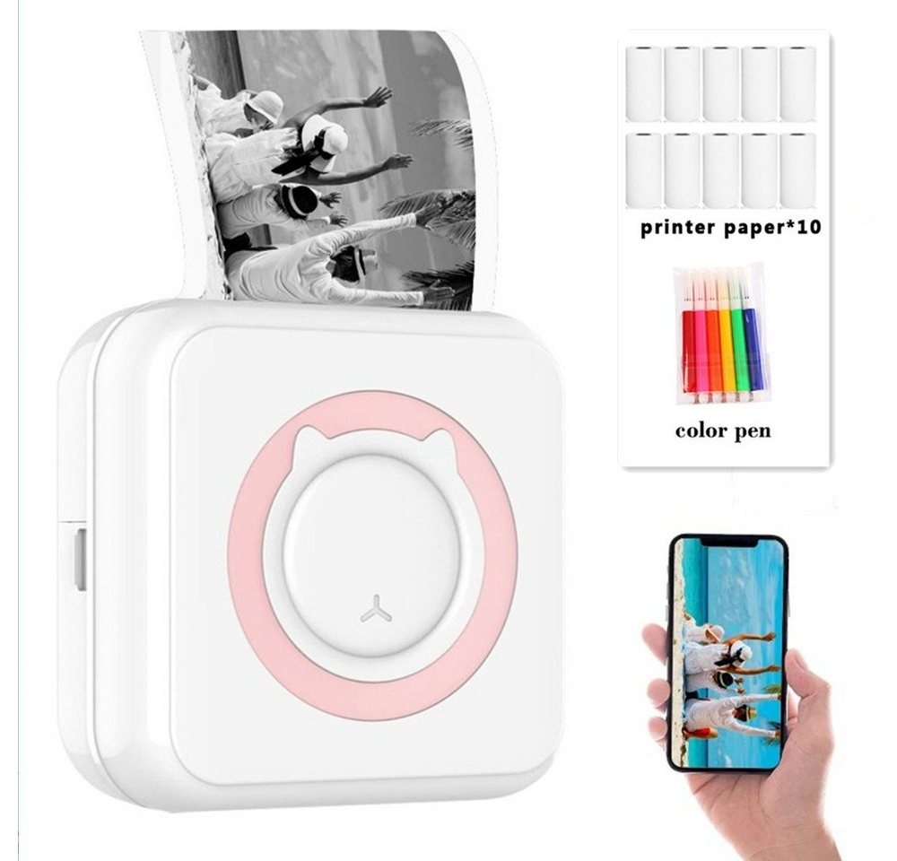 XDOVET Mini-Drucker, All-in-One Thermodrucker Bluetooth,Pocket Fotodrucker, (Etikettendrucker, Fotodrucker für Smartphone 10 Rollen Thermopapier) rosa