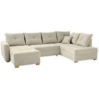 luma-home Wohnlandschaft U-Form Sofa groß Schlaffunktion Couch Bettkasten Cord Beige Grau / 15218 - Beige